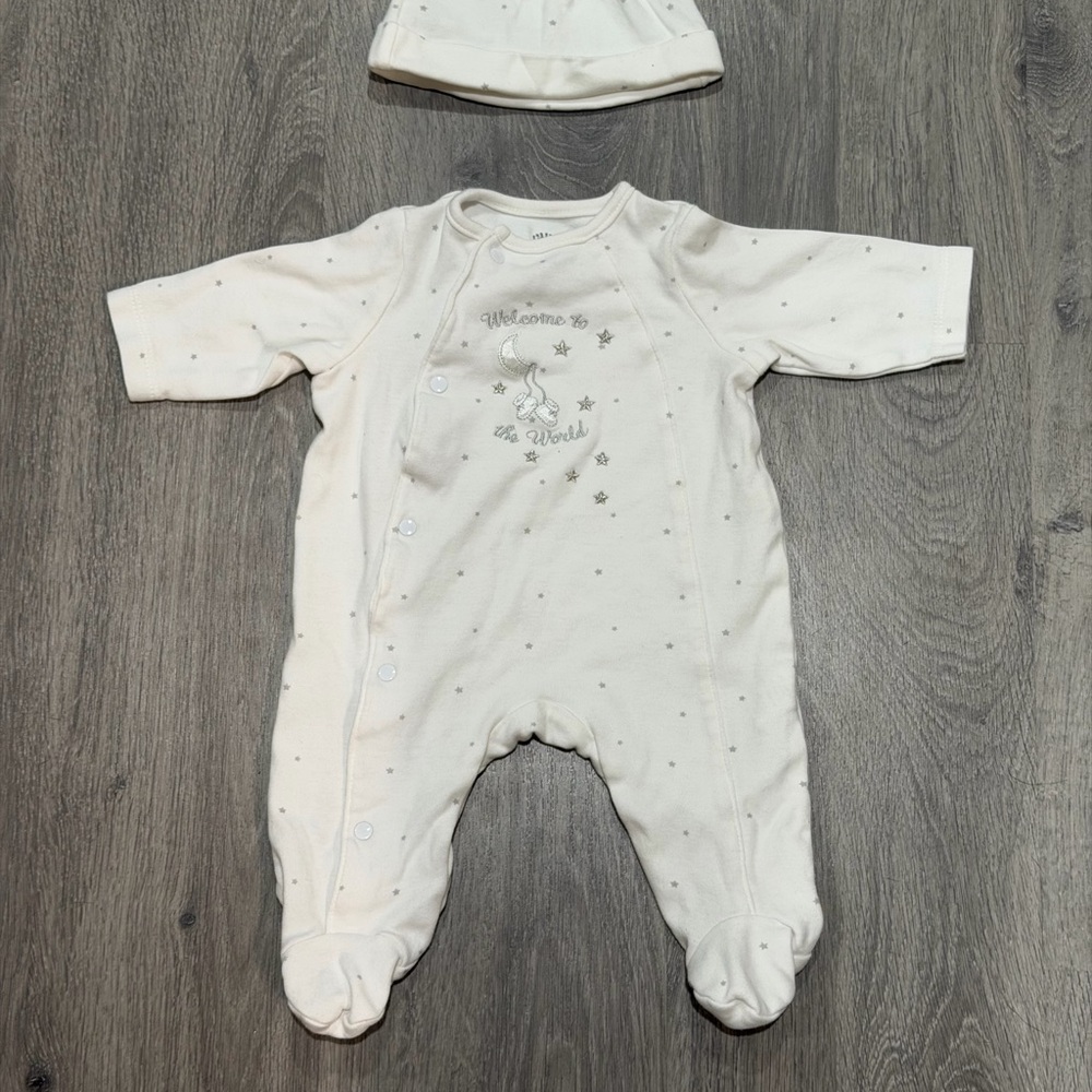 Little Me Ivory Baby Footie & Hat with Welcome Design